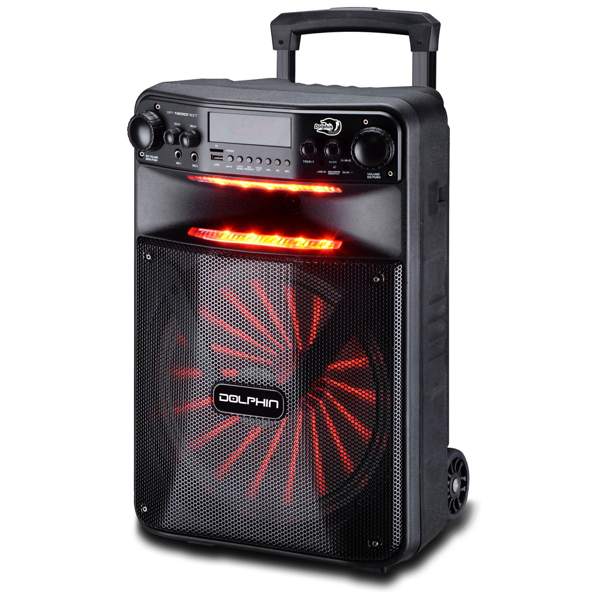 Dolphin SP-1200RBT Portable Party Bluetooh Speaker w/Remote Control and Sound Activated LED Light Show, 12", Long Lasting Battery