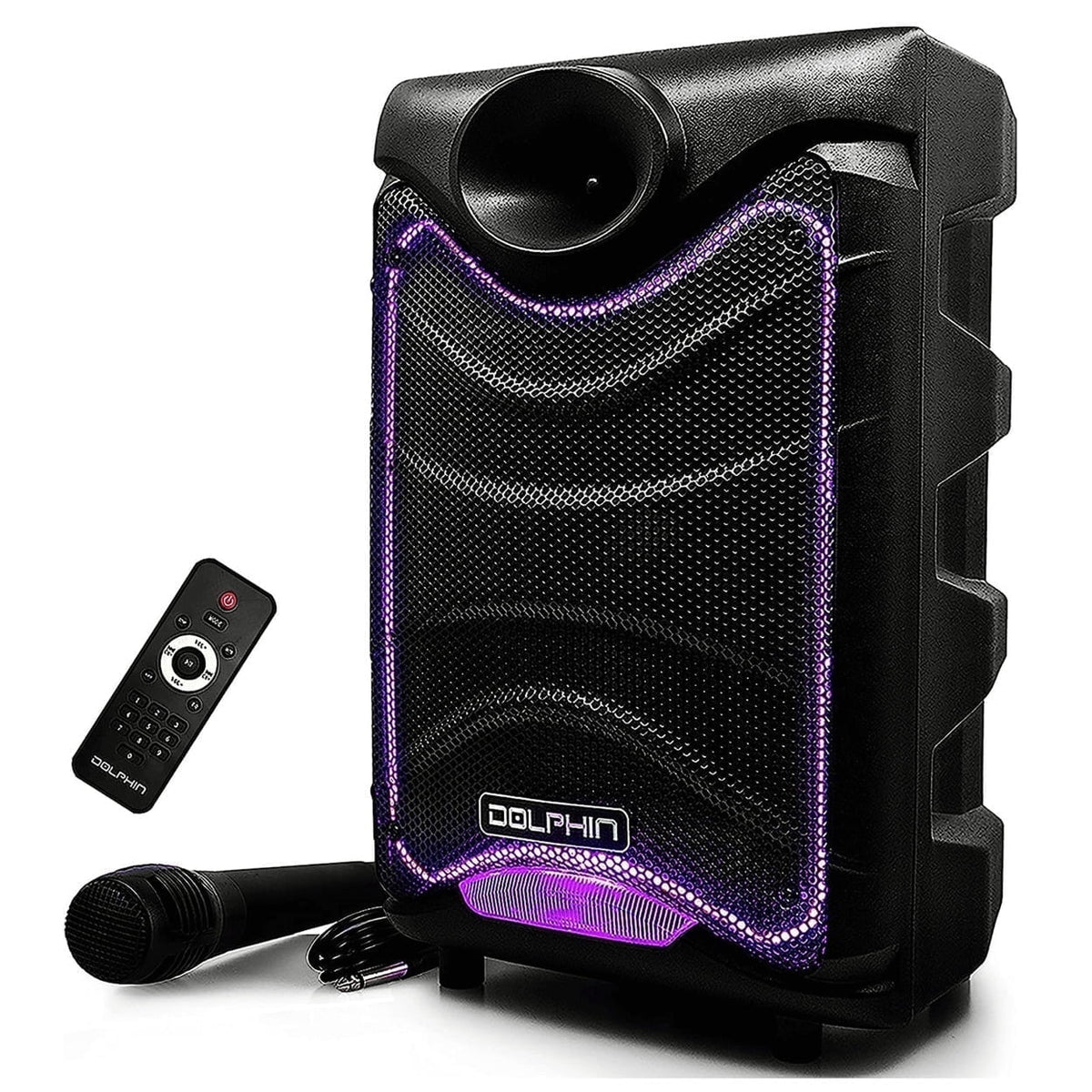 Dolphin SP-850RBT 8-in Portable Bluetooth Party Speaker with Mic, Lights, FM Radio, USB, Rechargeable Battery