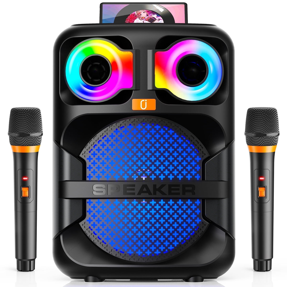 FanFun Bluetooth Speaker, Portable Party Speaker with 2 Microphones, LED Light, Deep Bass, T28-T