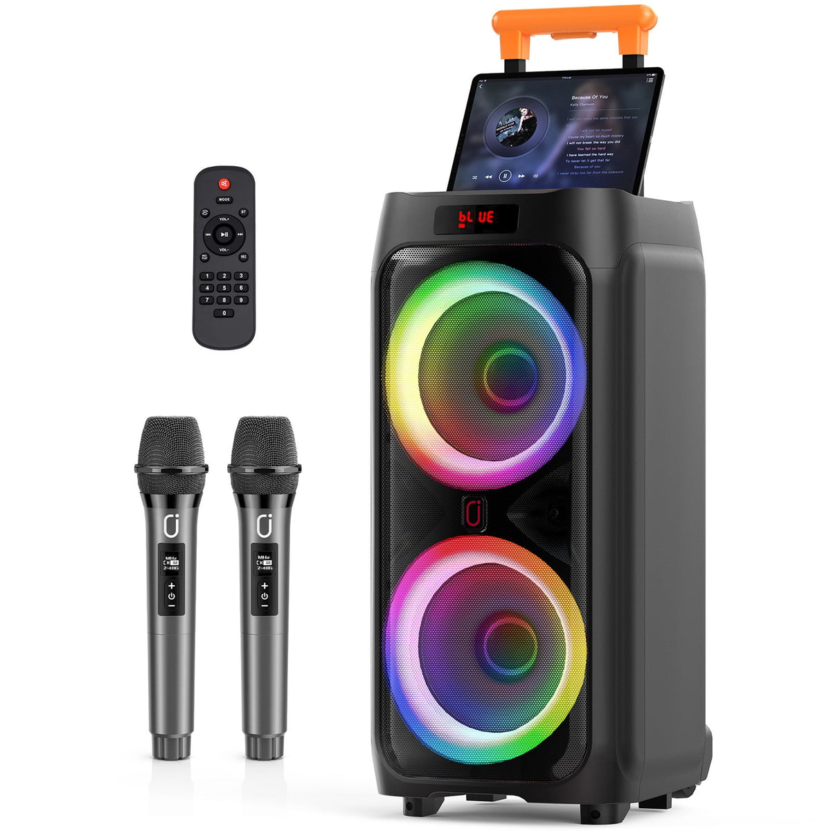 FanFun Portable Bluetooth Speaker with Microphones, Party Speaker with Lights, Remote Control, Powerful Loudspeaker, AUX Input, FM, REC