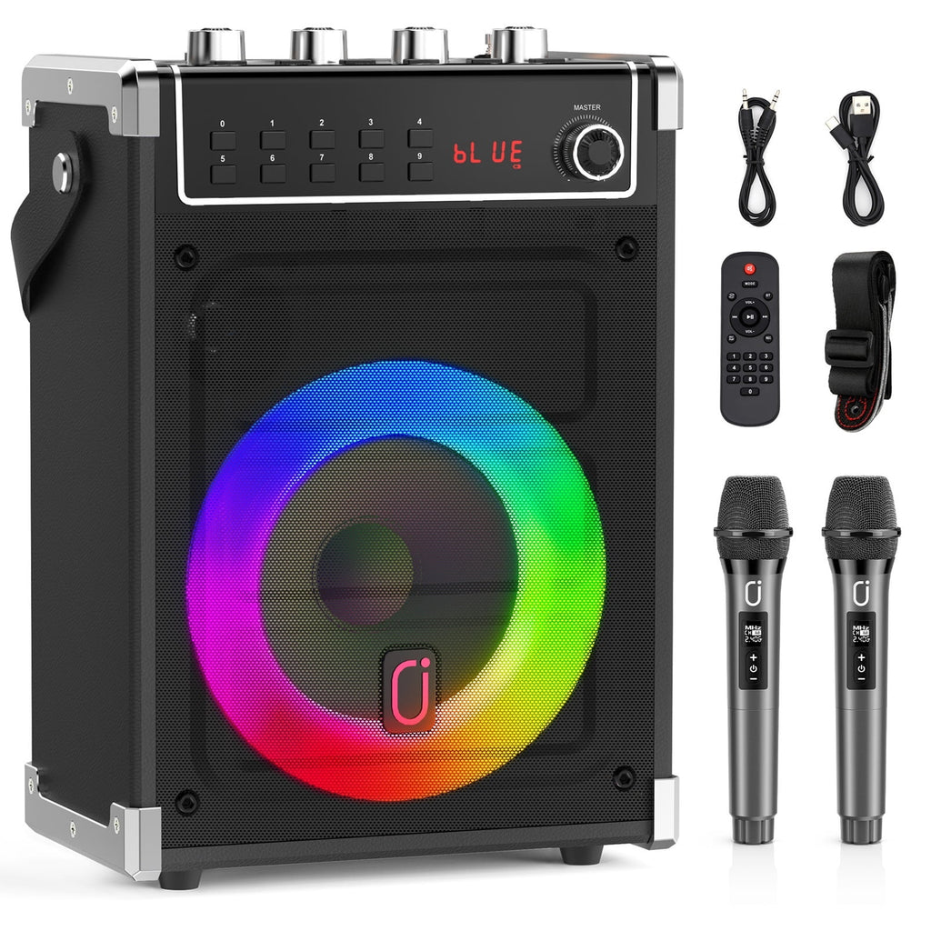FanFun Portable Bluetooth Speaker with Microphones, Party Speaker with Lights, Remote Control, Powerful Loudspeaker, AUX Input, FM, REC