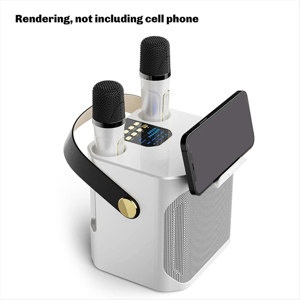 High Power Karaoke Bluetooth Speaker Portable 360 Stereo Surround Wireless Subwoofer with Dual Microphone White