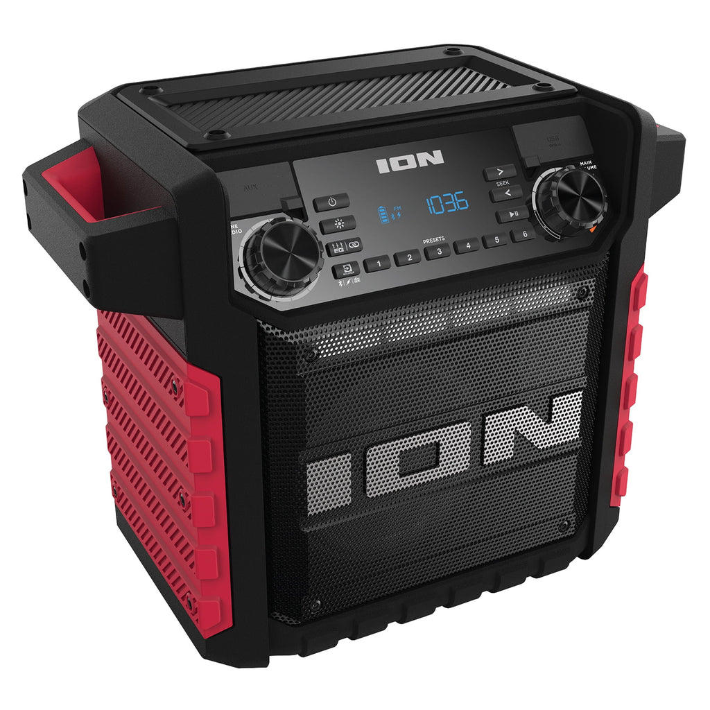 ION 22-Watt-RMS Tailgater Classic Portable Bluetooth Rechargeable Speaker with Link 2, FM, Light, IPX5, up to 15 Hours Play Time , Black/Red