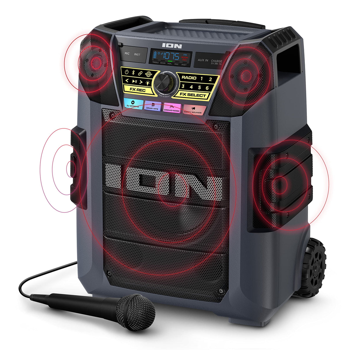 ION Block Rocker XL - Portable Bluetooth Outdoor Party Speaker, 220W, with Karaoke Microphone, Battery, 5 Speakers, Lights, Radio, USB Charging & App