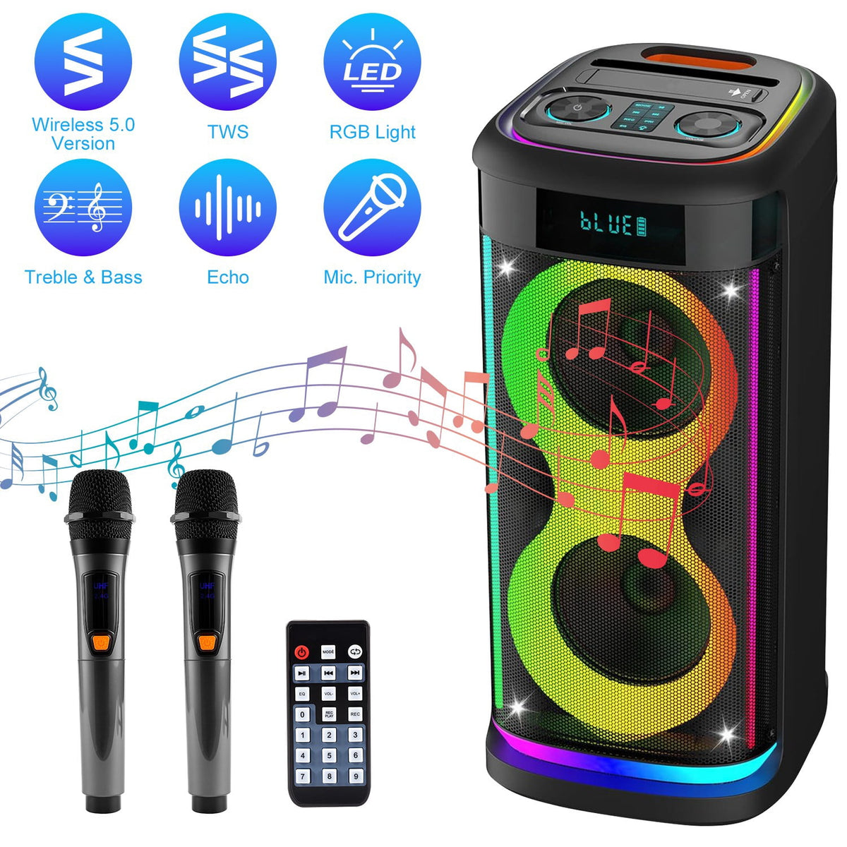 Imountek Portable Wireless Party Speaker with LED Lights, Wireless Mic, Remote, TWS, FM Radio, 10H Playtime, IPX6