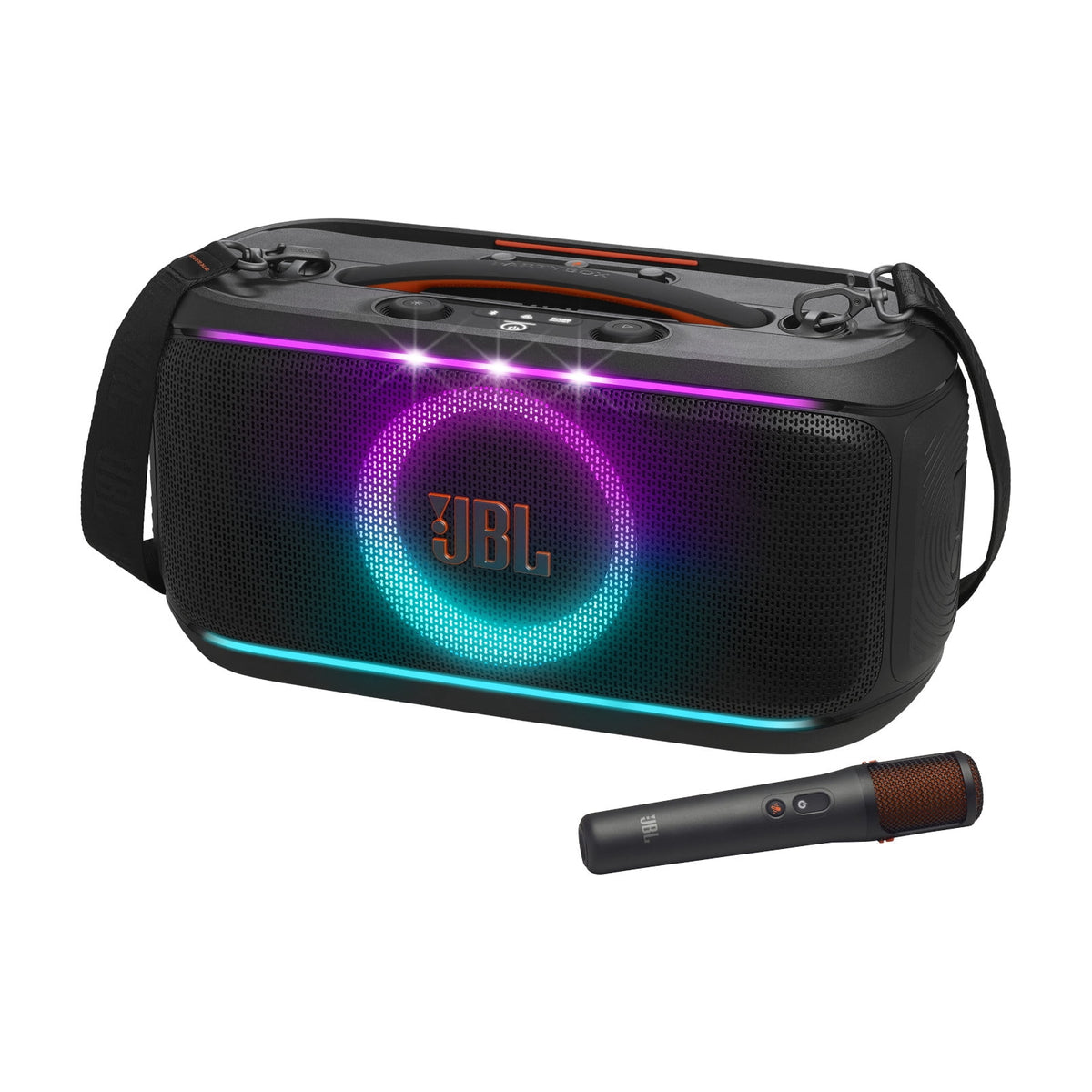 JBL PartyBox On-The-Go 2 - Portable party speaker with one wireless digital mic, handle and a shoulder strap, Dynamic lightshow, Up to 15 hours playtime, Splash proof & Auracast™ (Black)