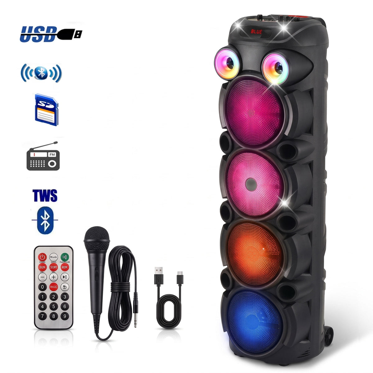 Lohoms Triple 8" Bluetooth Party Speaker, Portable Karaoke Machine & Outdoor PA Sound System with Powerful Stereo Sound, LED Lights, Wireless Mic, TWS Pairing, FM, USB, TF & AUX