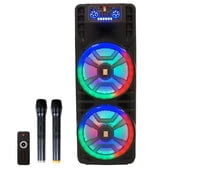 MR DJ NEWYORK 2.0 Dual 12" Rechargeable Portable Bluetooth Karaoke Speaker Party Flame Lights with 2 Wireless Microphone TWS USB FM Radio