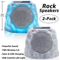 NiceBuy Outdoor Waterproof Solar Powered Bluetooth Rock Speakers with TWS Pairing and RGB Lights, 2 Pack