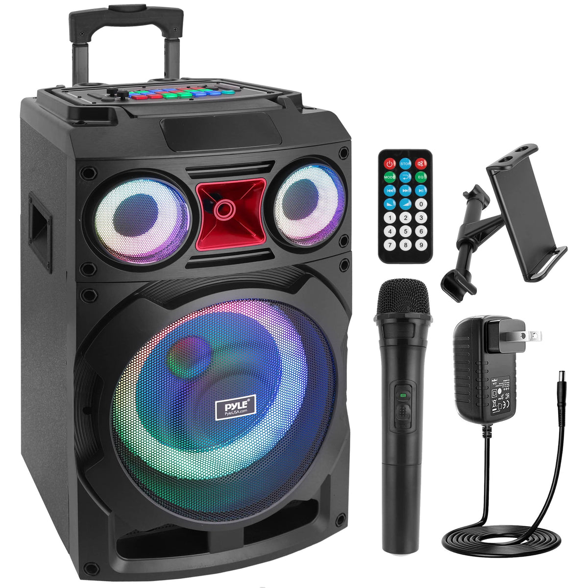 Pyle Portable Bluetooth PA Speaker System - 800W 10 Rechargeable Speaker, TWS, Party Light, LED Display, FM/AUX/MP3/USB/SD, Wheels - Wireless Mic, Remote Control, Tablet Holder Included - PHP210DJT