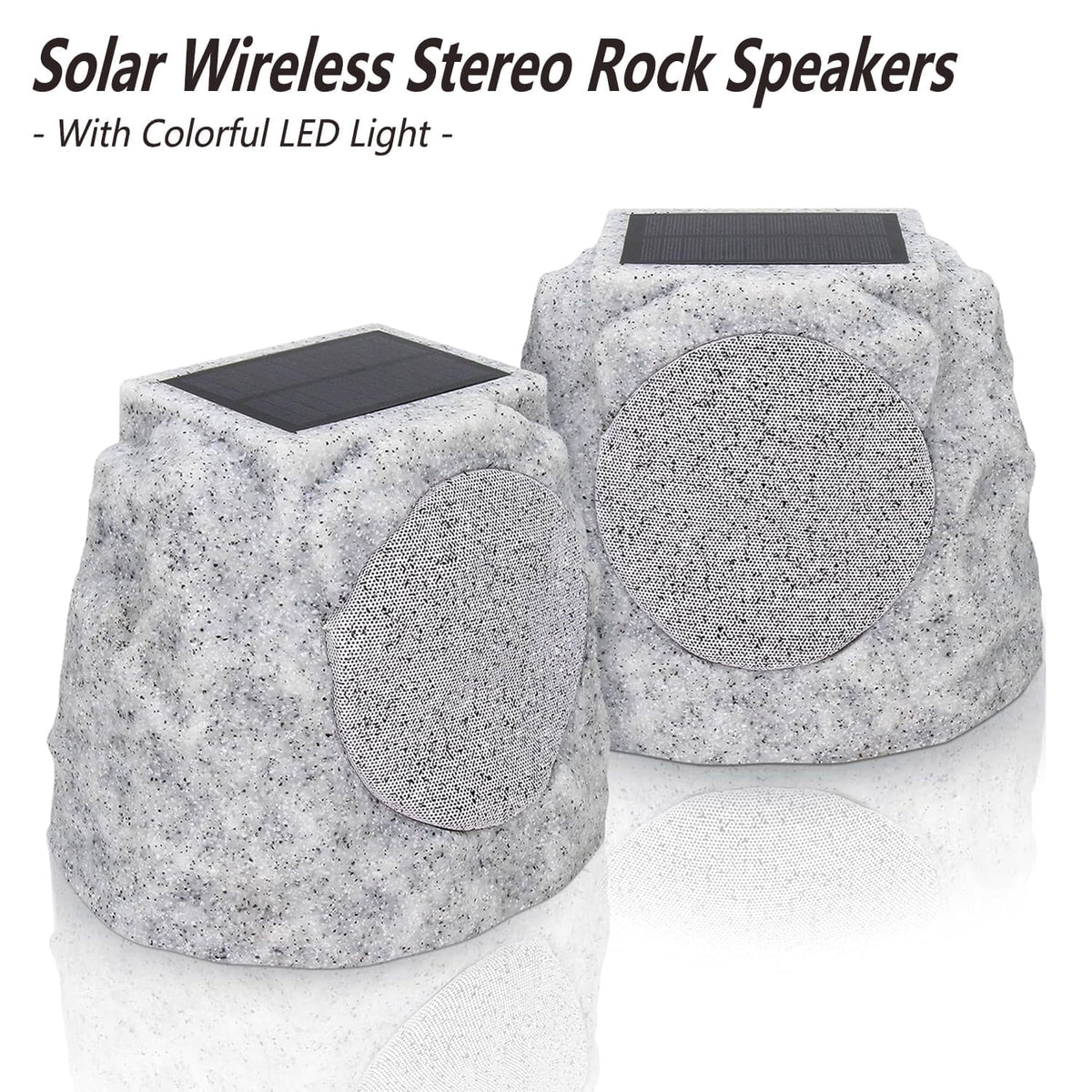 Postlucky 2 Pack Outdoor Solar Rock Speakers, Bluetooth, TWS Pairing, RGB LED Flashing, USB Charging, Waterproof, 7.3" Gray