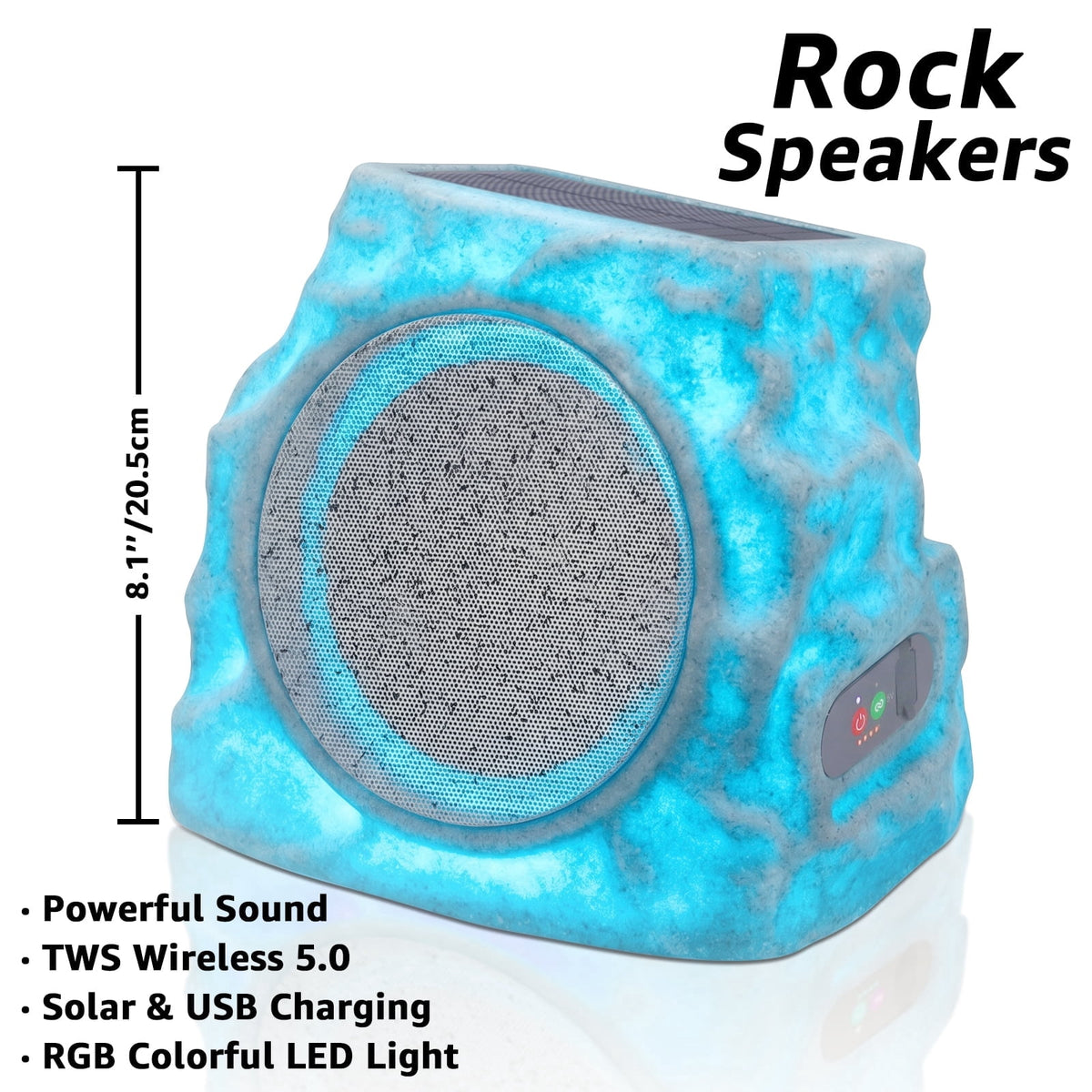 Postlucky 2 Pack Outdoor Solar Rock Speakers, Bluetooth, TWS Pairing, RGB LED Flashing, USB Charging, Waterproof, 7.3" Gray