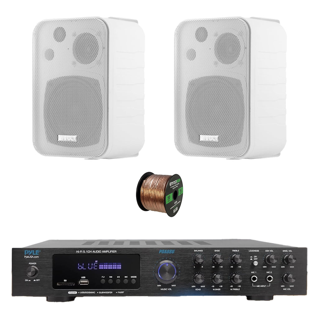 Pyle PDA8BU 5.1 Channel Home Audio Theater Bluetooth MP3/USB/SD/AUX/FM Radio Receiver, 2x 4" 30 Watt Peak 3-Way Water-Resistant Indoor/Outdoor Audio Speakers (White), 50 ft 16 Gauge Speaker Wire