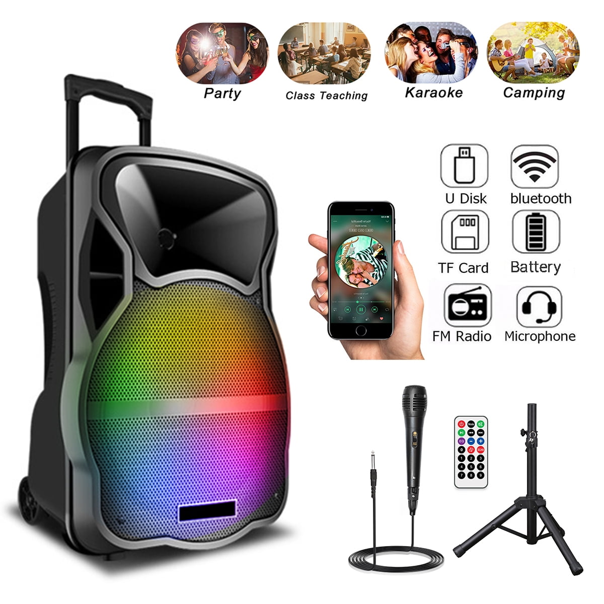 RIDWIND 3000W Portable Bluetooth Speaker Indoor/Outdoor Loud 12" Subwoofer Heavy Bass Sound System With Party Lights Digital Display FM/AUX/MP3/USB/TF Tripod Stand Handle Wheels Microphone Remote