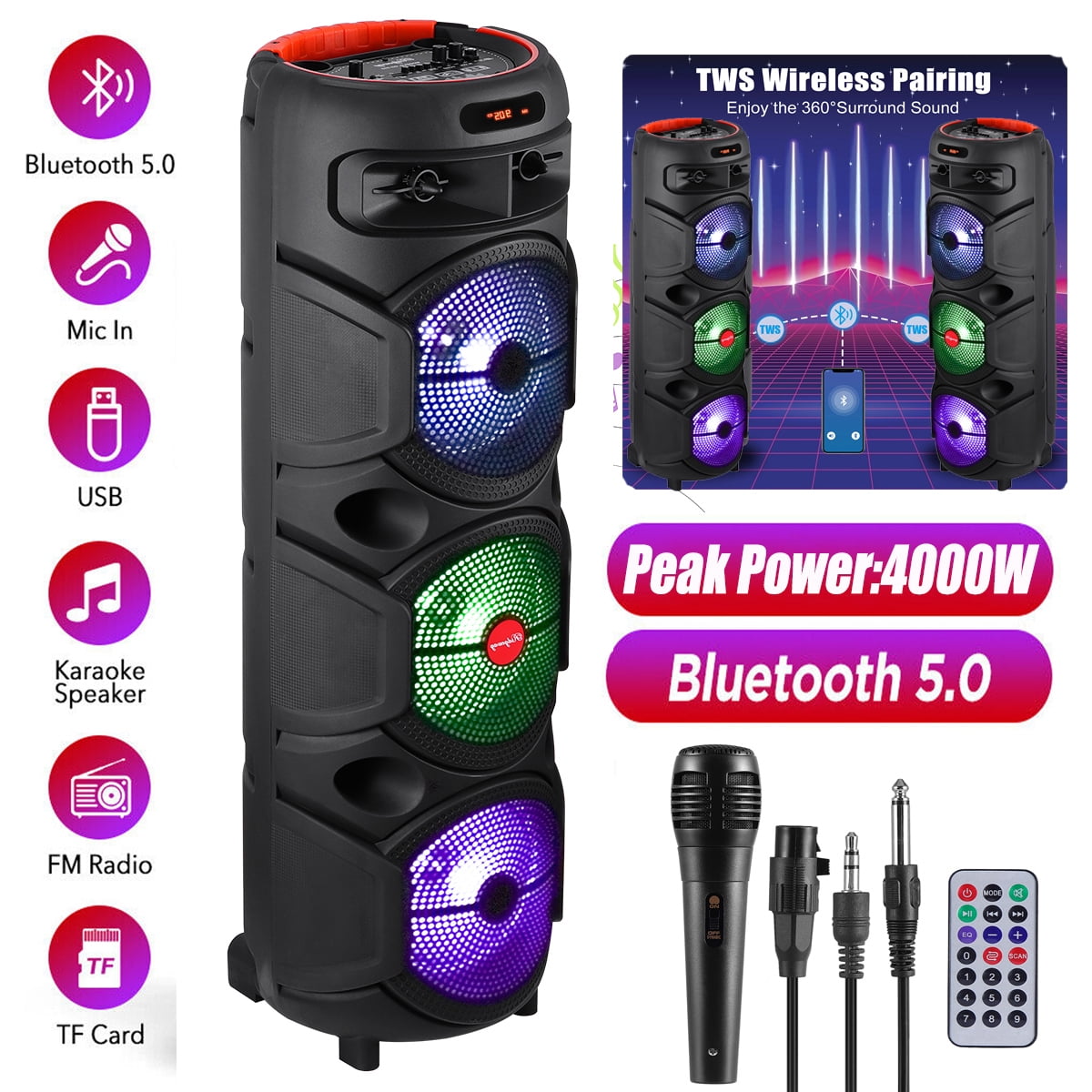 RIDWIND 4000W Peak Power Bluetooth Speakers Portable Wireless Speaker with Double 6.5 inch Subwoofer Heavy Bass,FM Radio, Microphone, Lights, Remote Control TWS Stereo Sound System Speaker