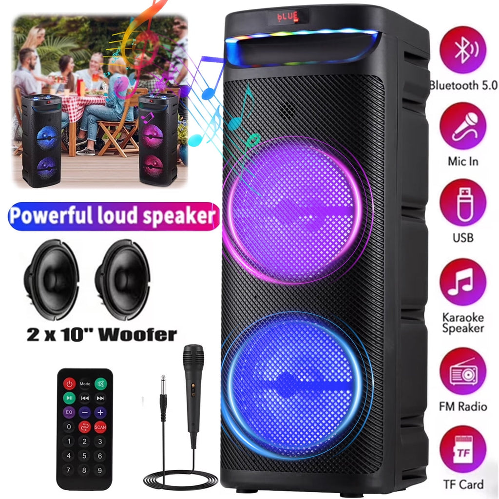 RIDWIND 5000W Peak Power Dual 10" Woofers Portable Party Speaker, Indoor & Outdoor Loud Heavy Bass Sound System with Microphone, RGB Lights, Remote Control, Support TWS/USB/FM, Rechargeable Battery