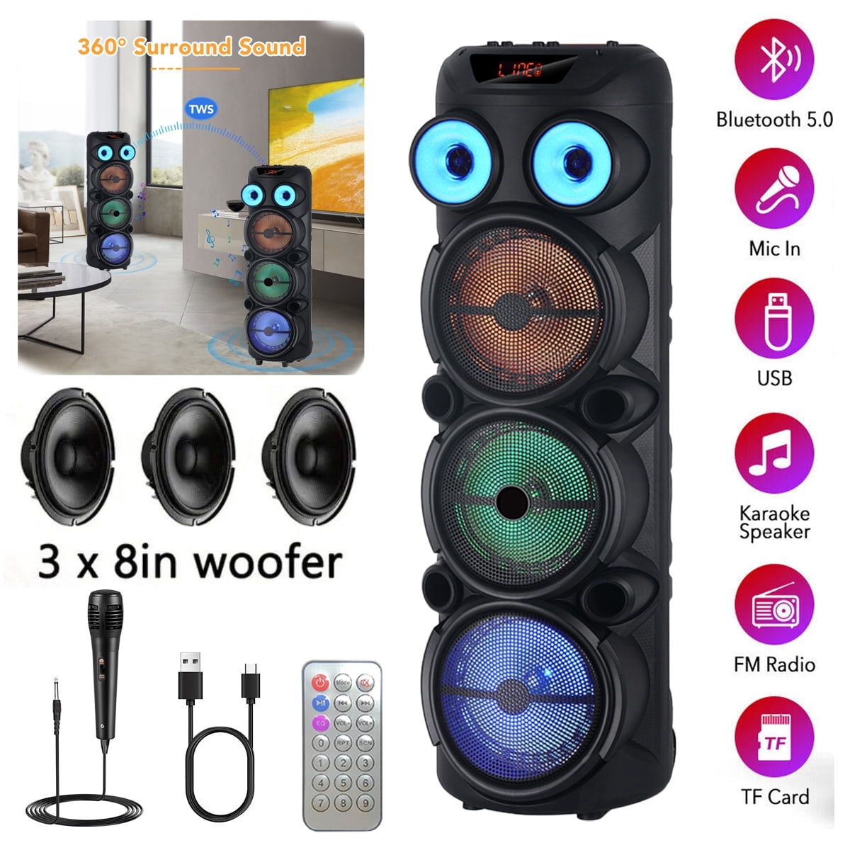 RIDWIND 8000W Peak Power Bluetooth Speakers Portable Wireless Speaker with Triple 8 inch Subwoofer Heavy Bass,FM Radio, Microphone, Lights, Remote Control TWS Stereo Sound System Speaker