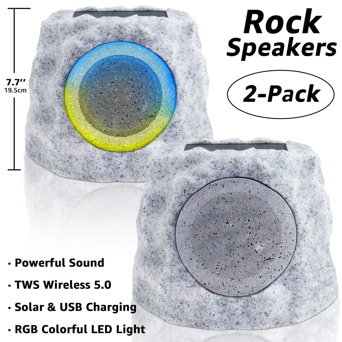 NiceBuy 2-Pack 8.1" Bluetooth Rock Speakers, Powerful Sound Solar Outdoor Wireless TWS Stereo Speaker with RGB Colorful LED Light for Indoor Outside Patio Garden