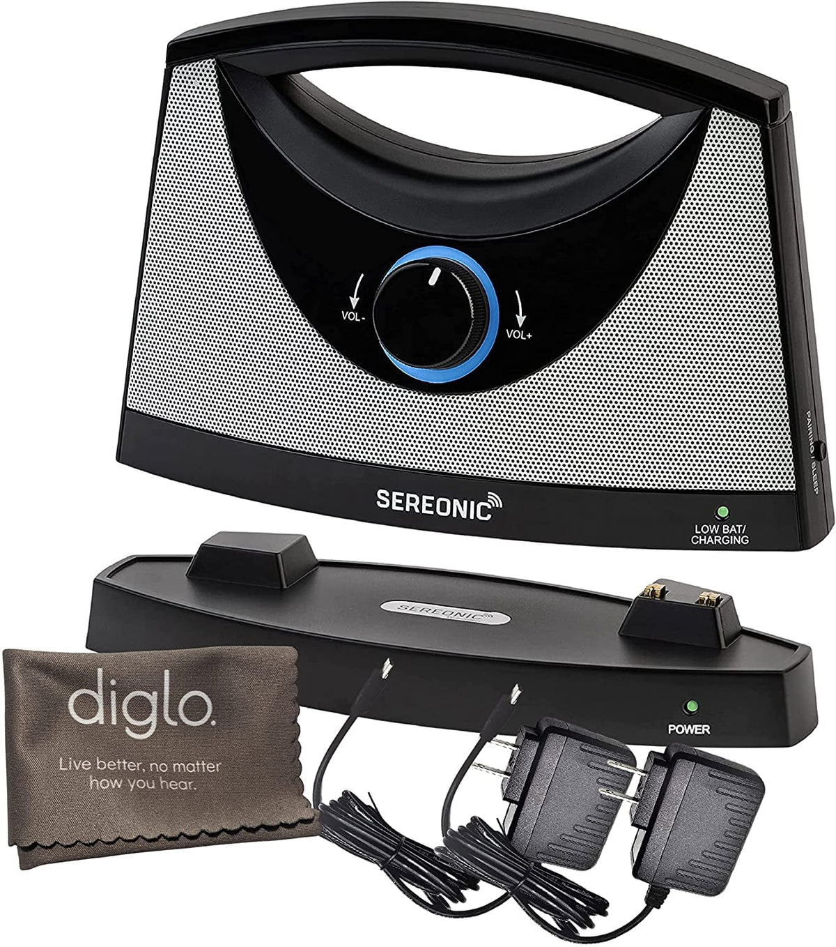 Sereonic Wireless TV Speaker System Deluxe (2 AC Adapters) | Portable Personal Soundbar Sound Box for Hard of Hearing, Seniors | No Headphones Needed!