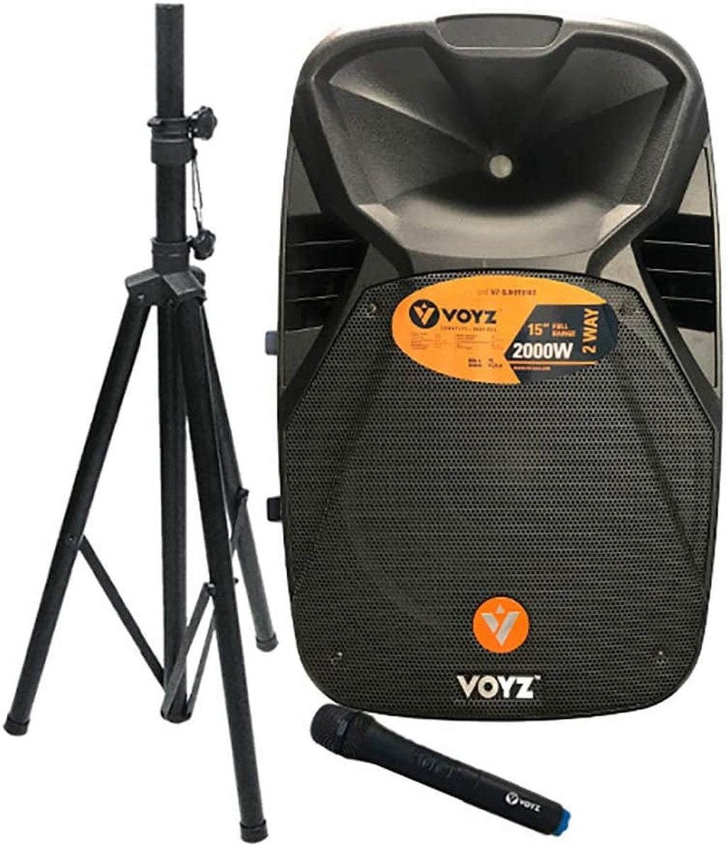 VOYZ 2000 Watt Bluetooth Portable Speaker for Parties - Two Way 15" Loudspeaker - FM Radio, USB, SD, and MP3 Player - PA with Tripod Stand and Wireless Microphone - Perfect for Karaoke (VZ-DJKIT616S)