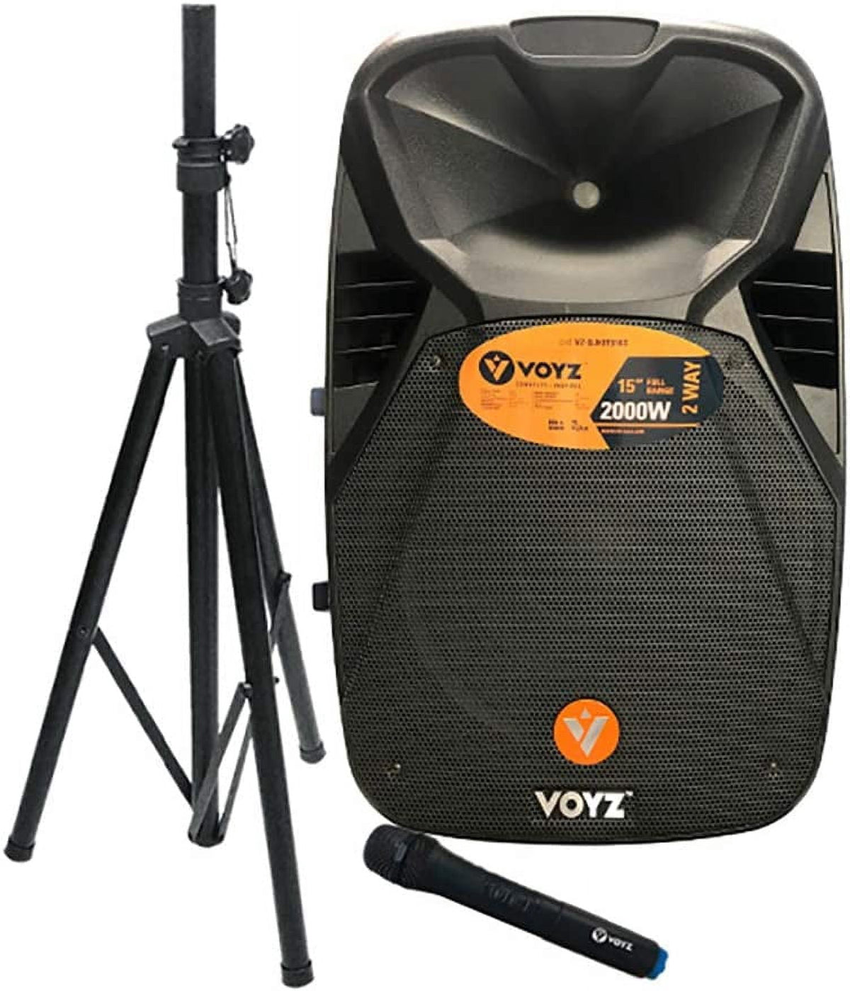 VOYZ 2000 Watt Bluetooth Portable Speaker for Parties - Two Way 15" Loudspeaker - FM Radio, USB, SD, and MP3 Player - PA with Tripod Stand and Wireless Microphone - Perfect for Karaoke (VZ-DJKIT616S)