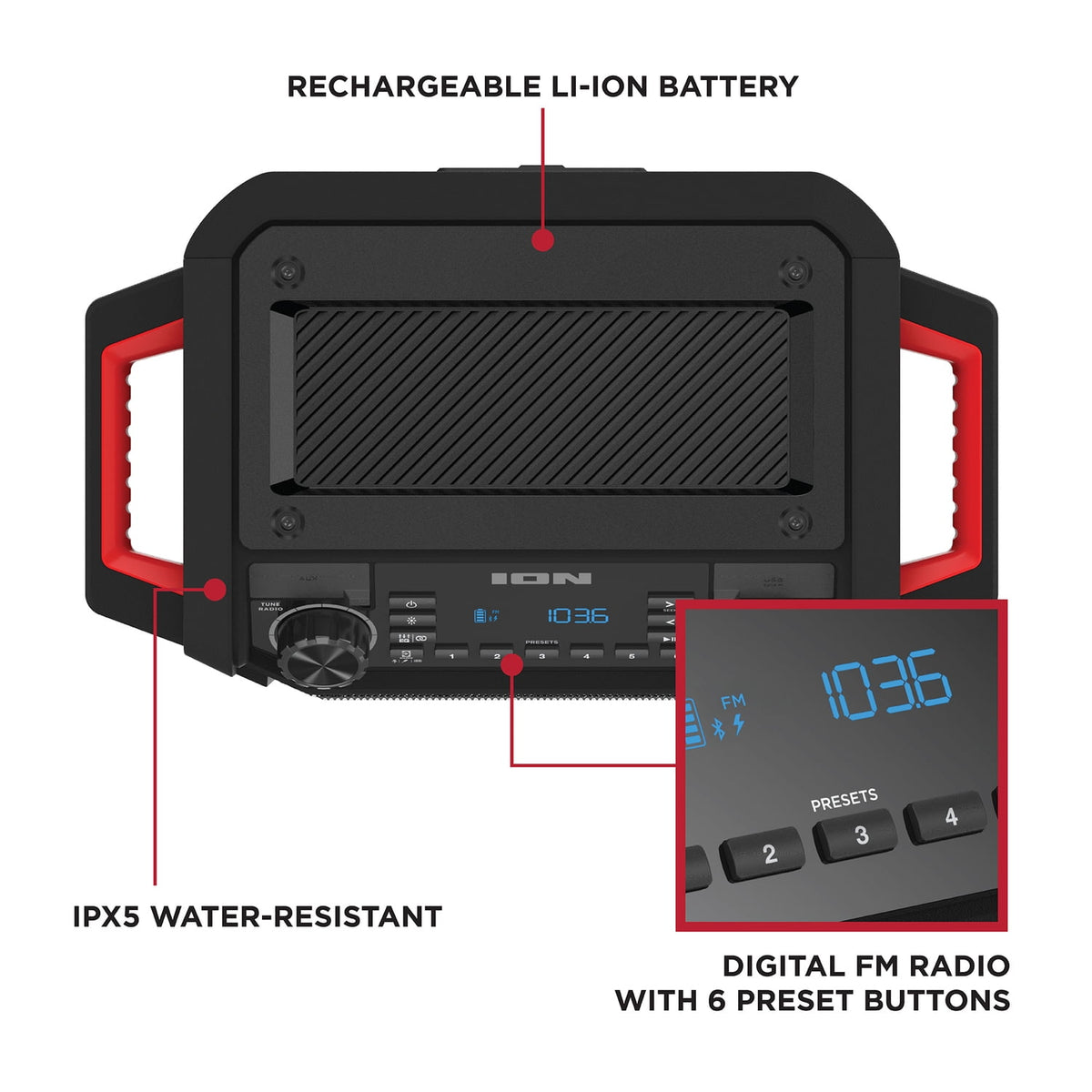 ION 22-Watt-RMS Tailgater Classic Portable Bluetooth Rechargeable Speaker with Link 2, FM, Light, IPX5, up to 15 Hours Play Time , Black/Red