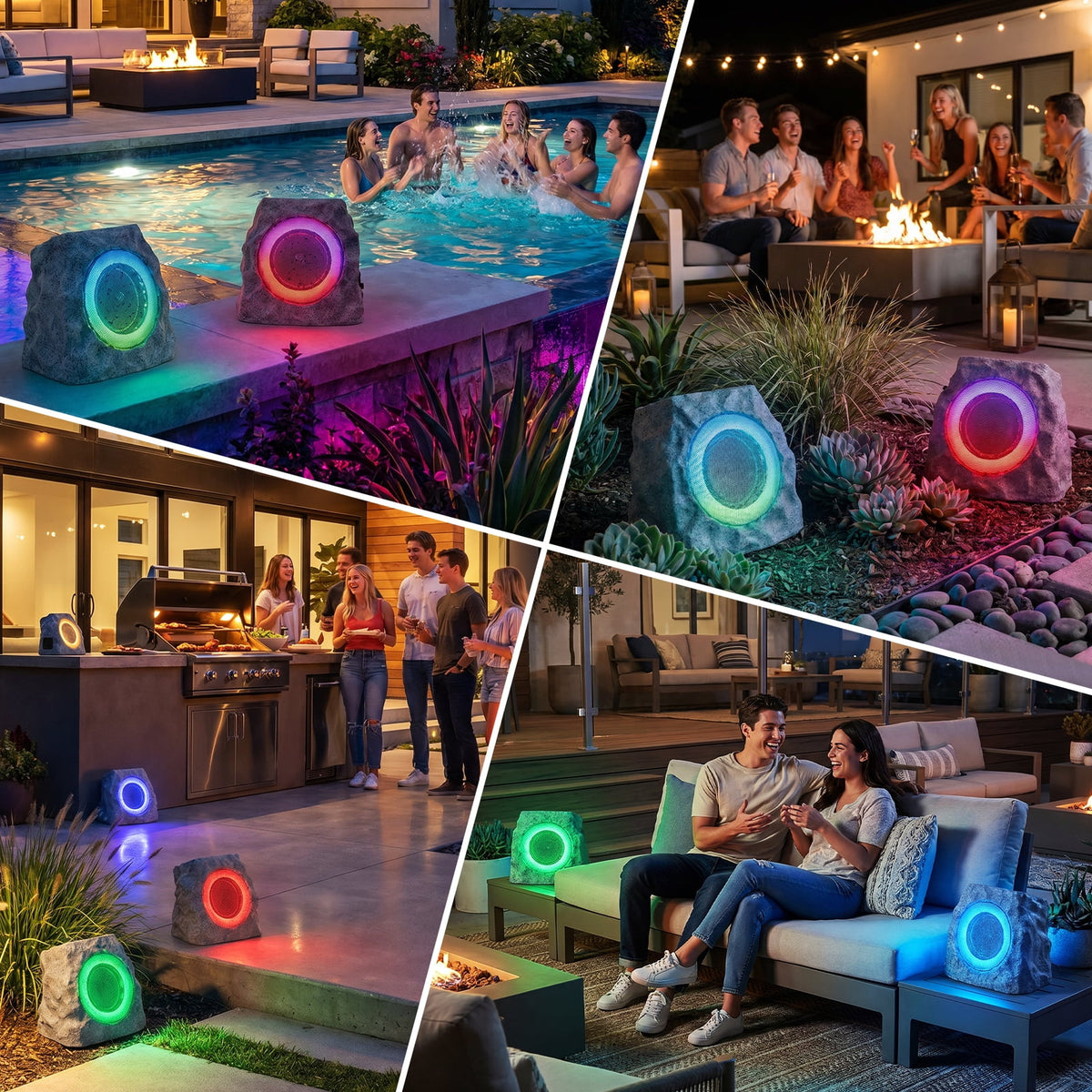 NiceBuy Outdoor Waterproof Solar Powered Bluetooth Rock Speakers with TWS Pairing and RGB Lights, 2 Pack