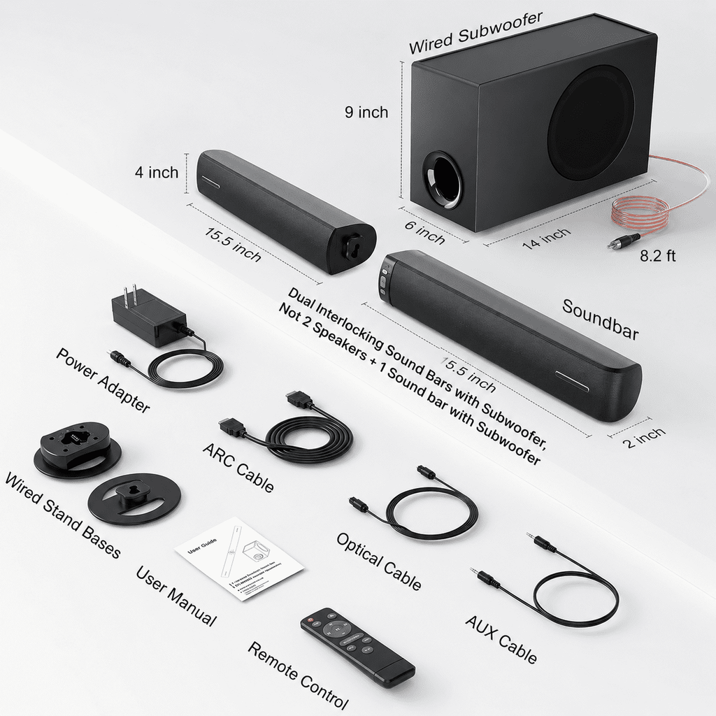 Cowin Sound Bar with Subwoofer, 110W Sound Bar for Smart TV with Adjustable Deep Bass & Volume Boost & 3 EQ Modes, Bluetooth/ARC/Opt/AUX, Detachable Soundbar for TV/PC/Gaming/Projector