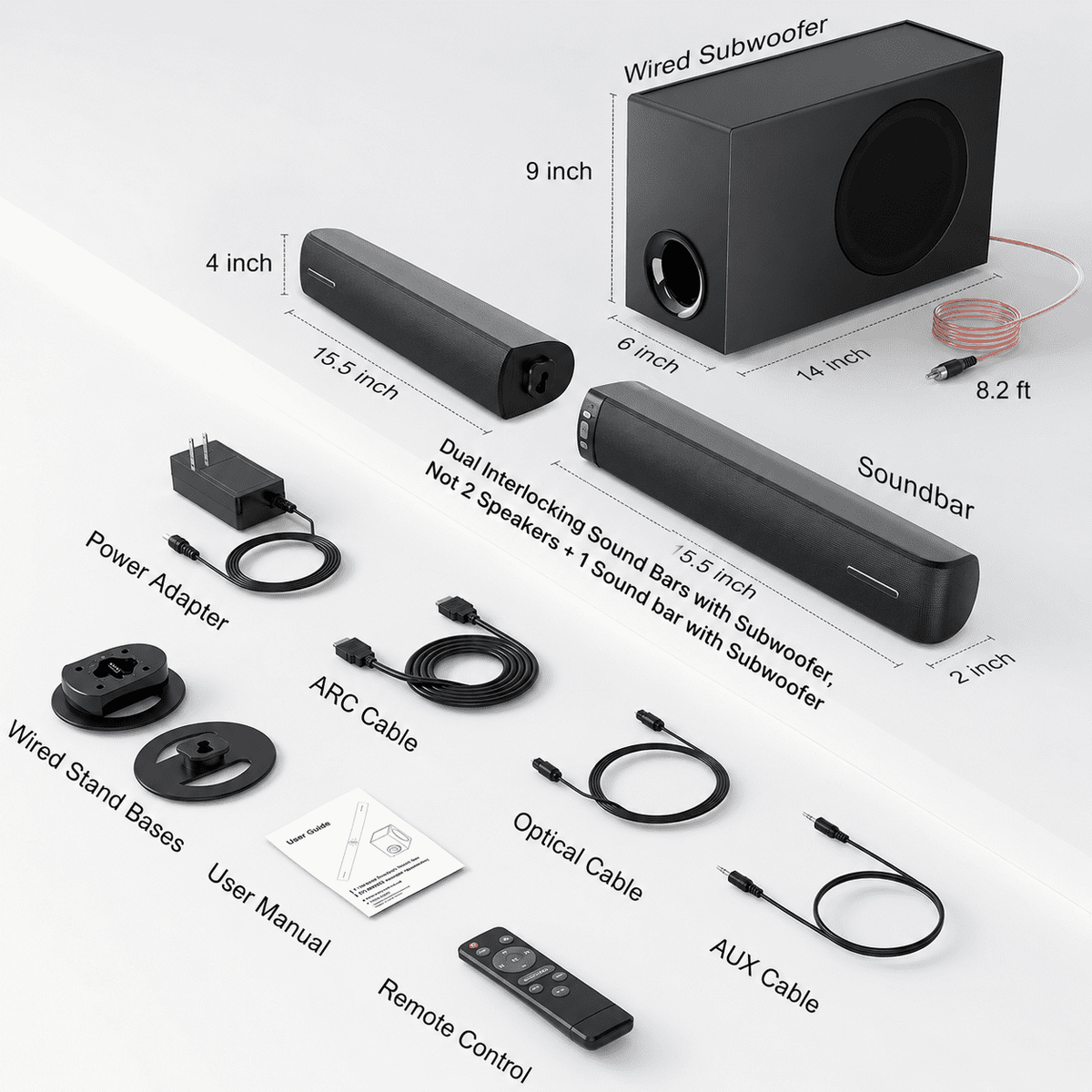 Cowin Sound Bar with Subwoofer, 110W Sound Bar for Smart TV with Adjustable Deep Bass & Volume Boost & 3 EQ Modes, Bluetooth/ARC/Opt/AUX, Detachable Soundbar for TV/PC/Gaming/Projector