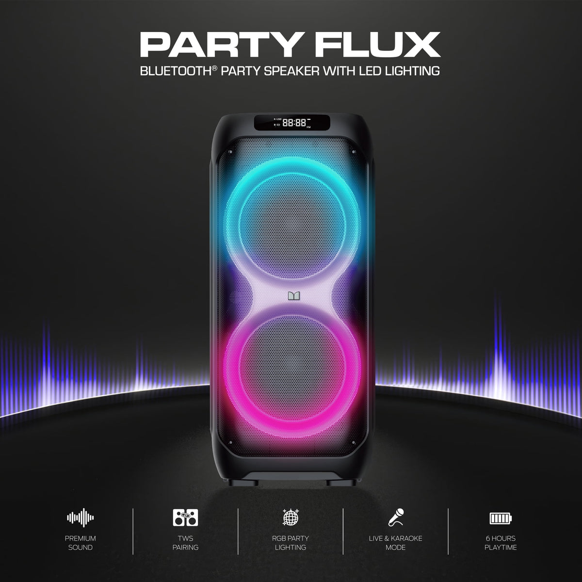 Monster Party Flux Portable Bluetooth Party Speaker, 200W Peak Power, Dual 8-Inch Drivers, RGB LED Lights, Karaoke Mode, TWS Pairing, IPX5 Water Resistant, 6-Hour Battery, Black