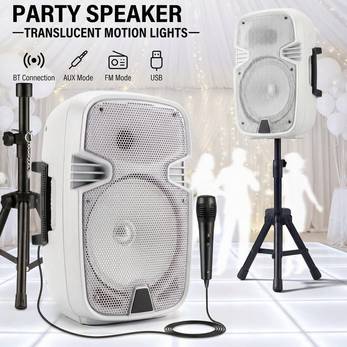 Portable BT Wireless Party Speaker with Translucent Light & Stand - Choose 8" (5 Colors) or 12", Includes Wired Mic, Remote, TWS, BT ConnectionUSB/TF/FM for Karaoke & Outdoor