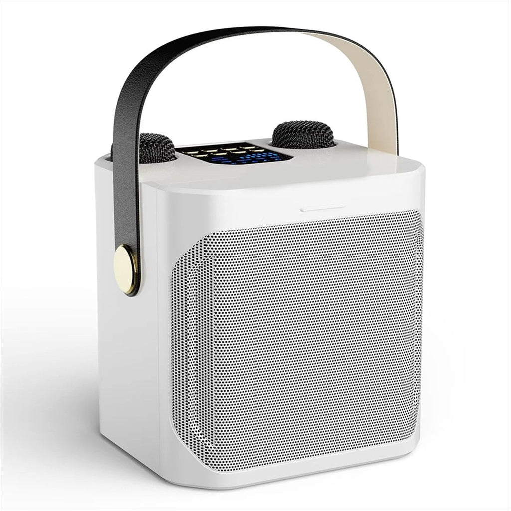 High Power Karaoke Bluetooth Speaker Portable 360 Stereo Surround Wireless Subwoofer with Dual Microphone White