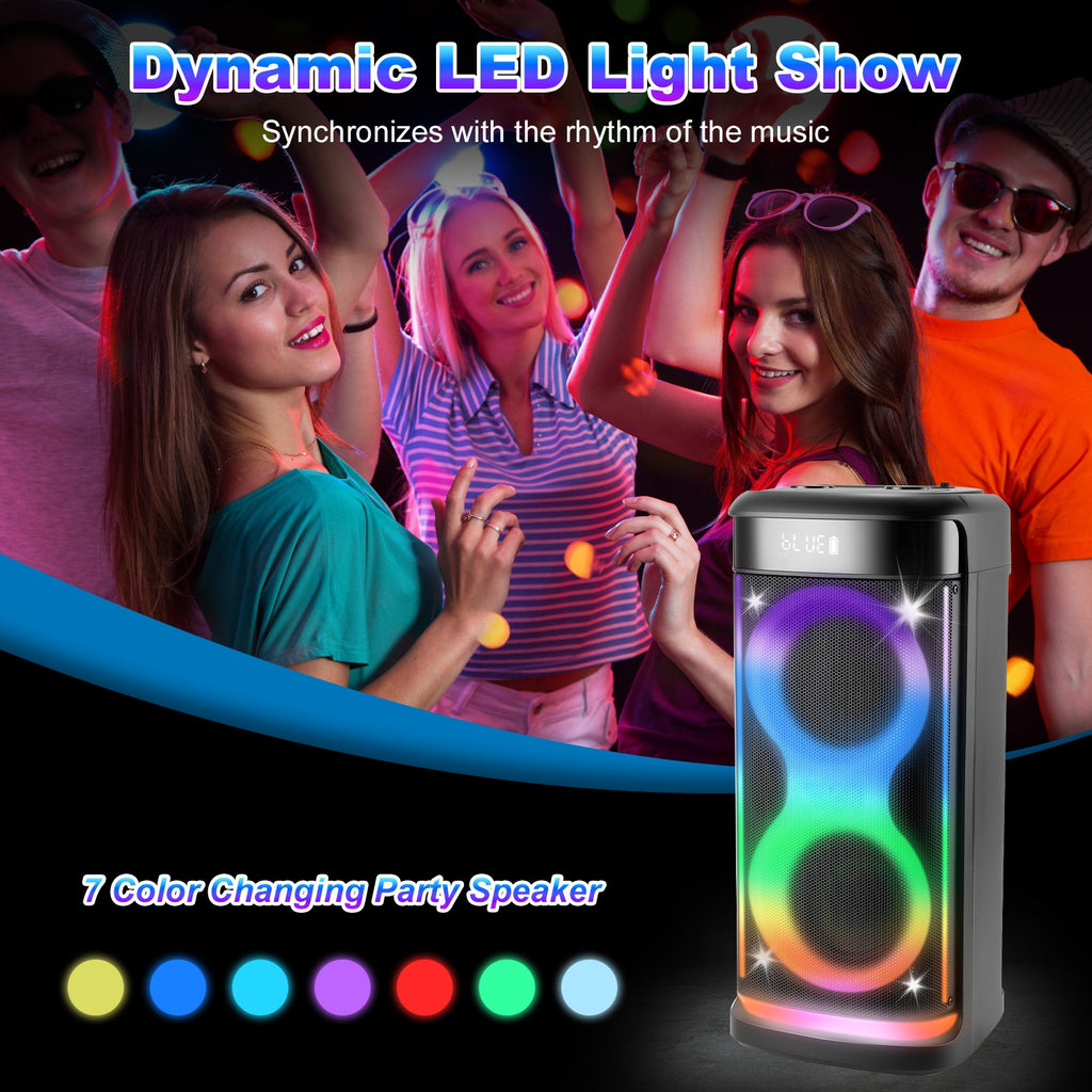 Imountek Portable Wireless Party Speaker with LED Lights, Wireless Mic, Remote, TWS, FM Radio, 10H Playtime, IPX6