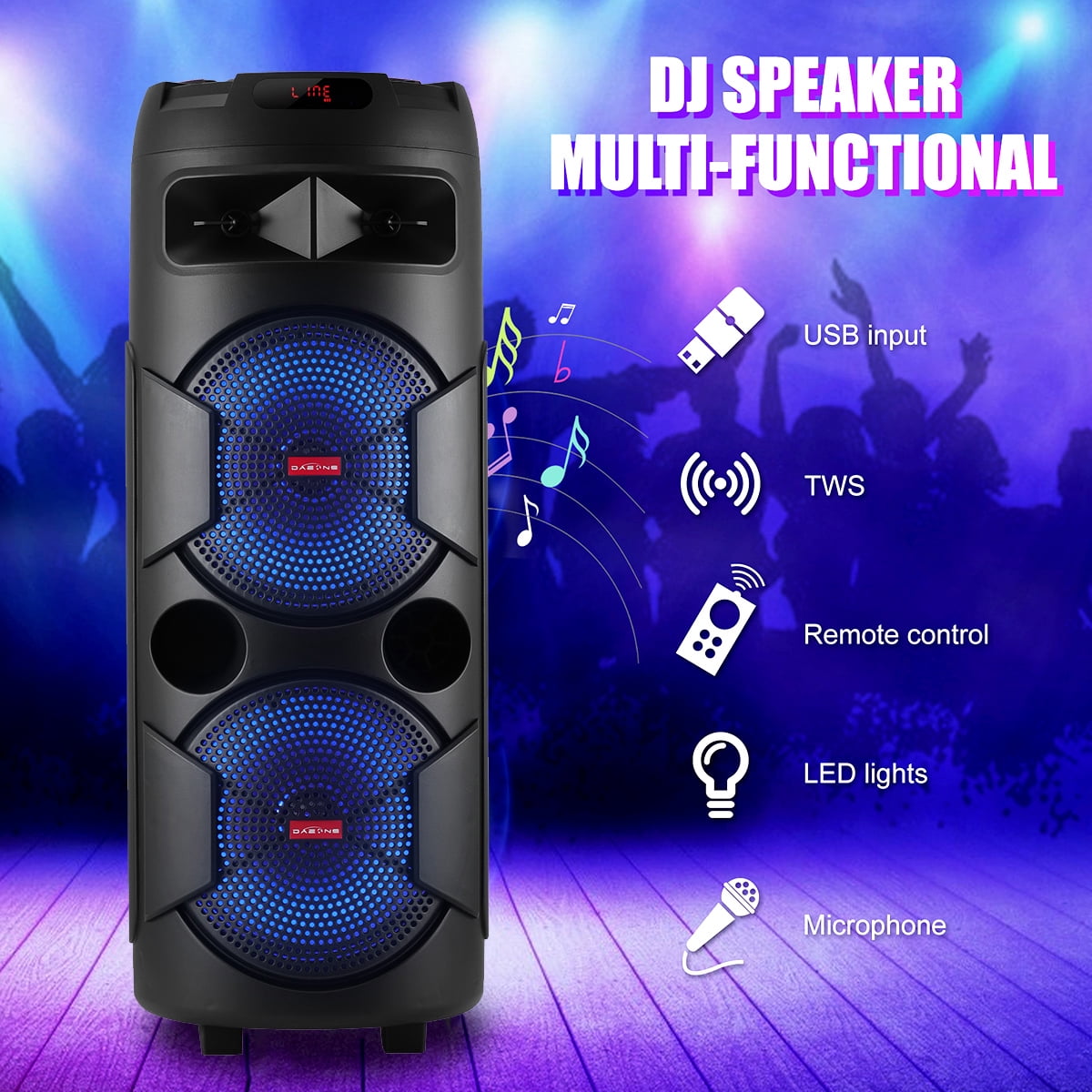 RIDWIND 4000W Peak Power Bluetooth Speakers Portable Wireless Speaker with Double 6.5 inch Subwoofer Heavy Bass,FM Radio, Microphone, Lights, Remote Control TWS Stereo Sound System Speaker