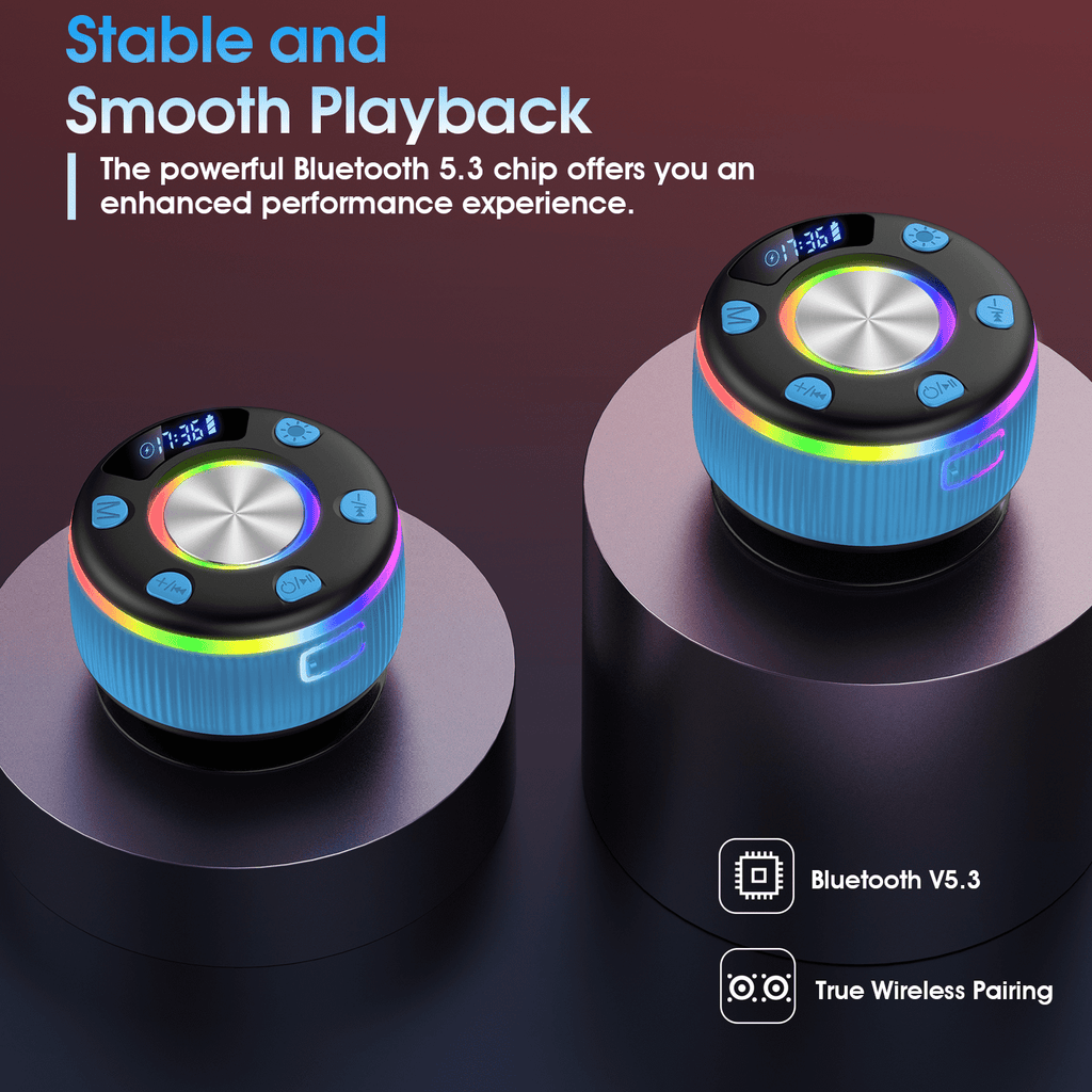 Bluetooth Shower Speaker, IPX7 Waterproof Wireless Speaker with Suction Cup, Time & Battery Display, Hands-Free Calls, 8–15H Playtime, 360° Sound Portable Mini Speaker for Bathroom and Travel