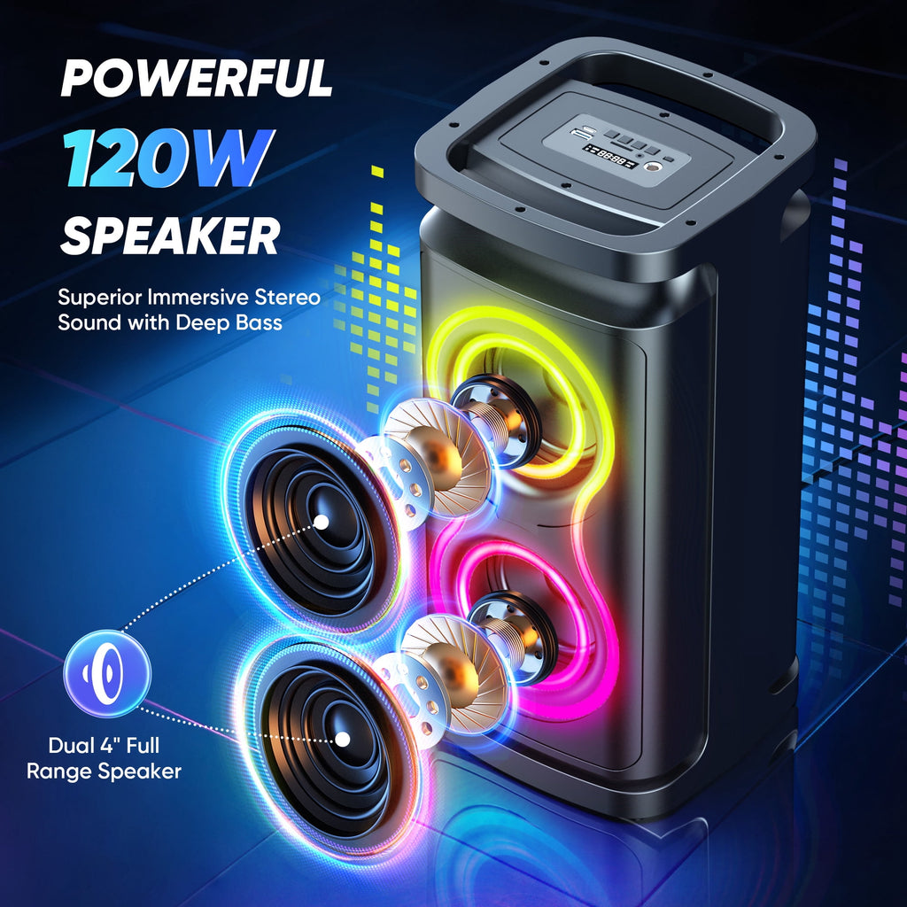 GCZ Party Bluetooth Speaker, 120W Loud Sound with Deep Bass for Outdoor Backyard Party, TWS Party Lights and Karaoke Effects, Microphone and Guitar Input