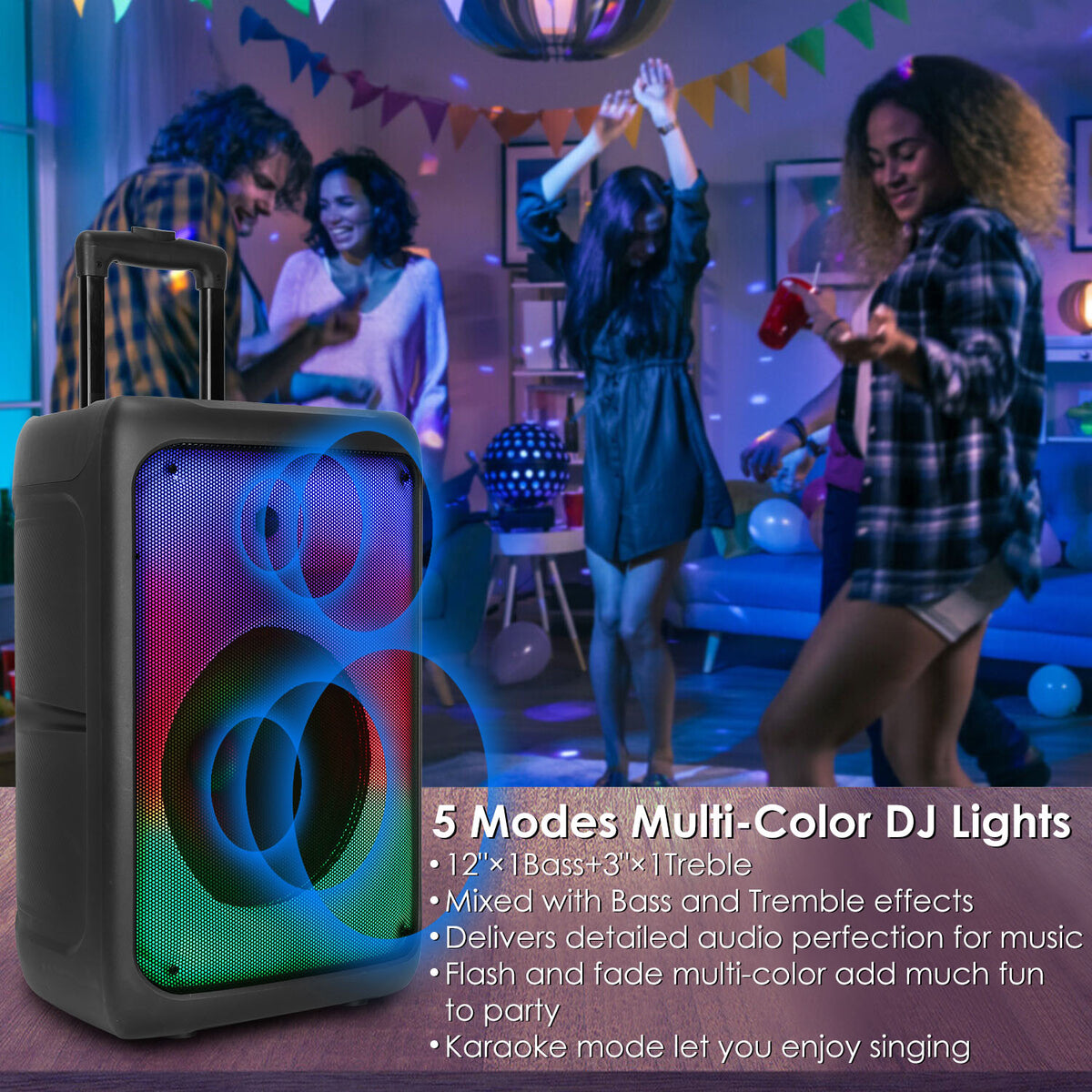 Portable Wireless Speakers with Lights & Remote Control, TWS FM USB MMC Slot Aux In Recording Mic for Outdoor Party