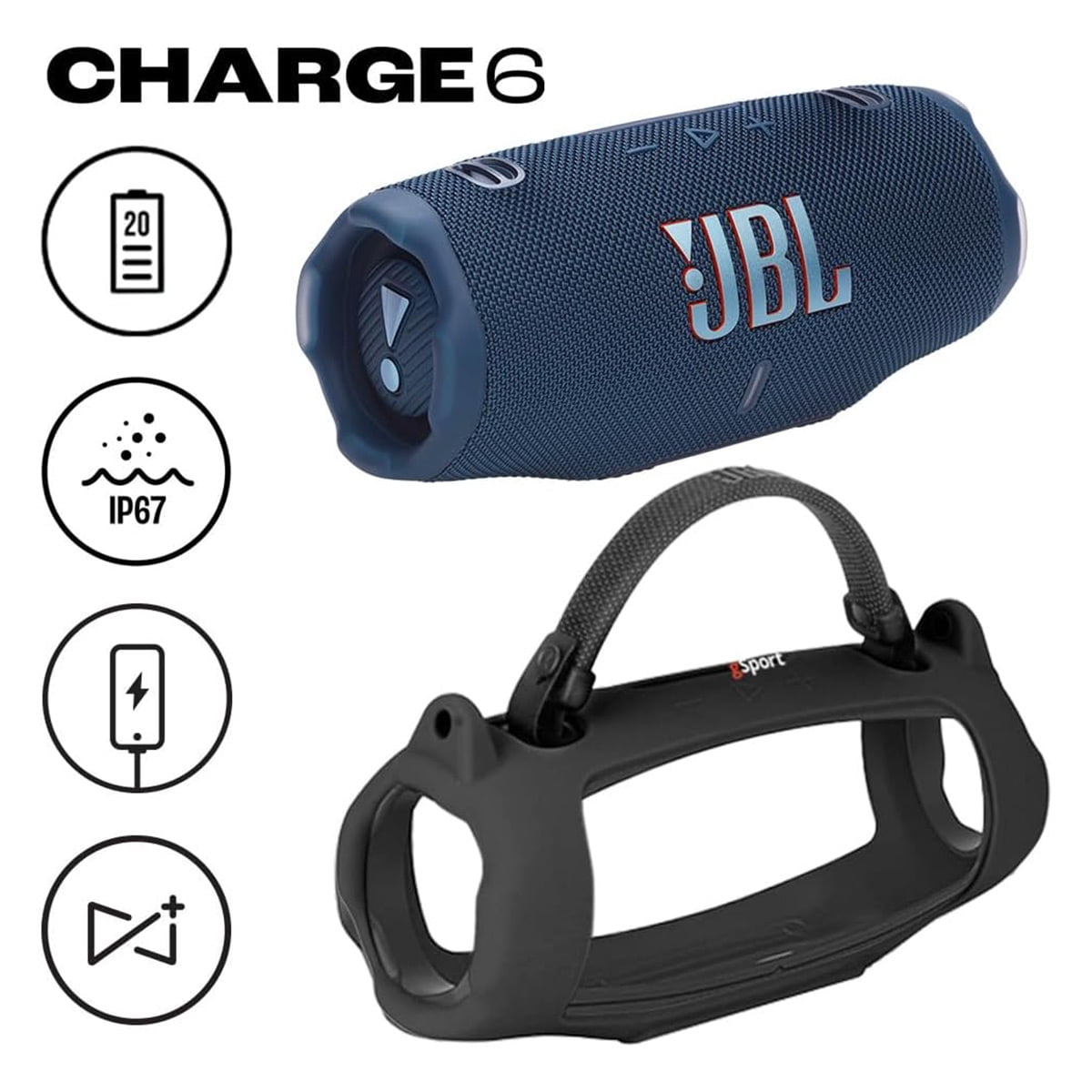 JBL Charge 6 Waterproof Portable Speaker Bundle with gSport Silicone Sleeve (Black)