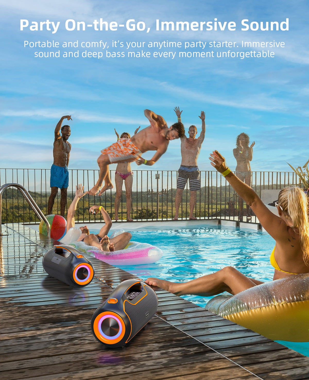 Portable Bluetooth Speaker 200W Peak Wireless, IP65 Waterproof Outdoor Speaker with Bass Boost, 24H Battery, TWS and USB/AUX/TF Input for Party