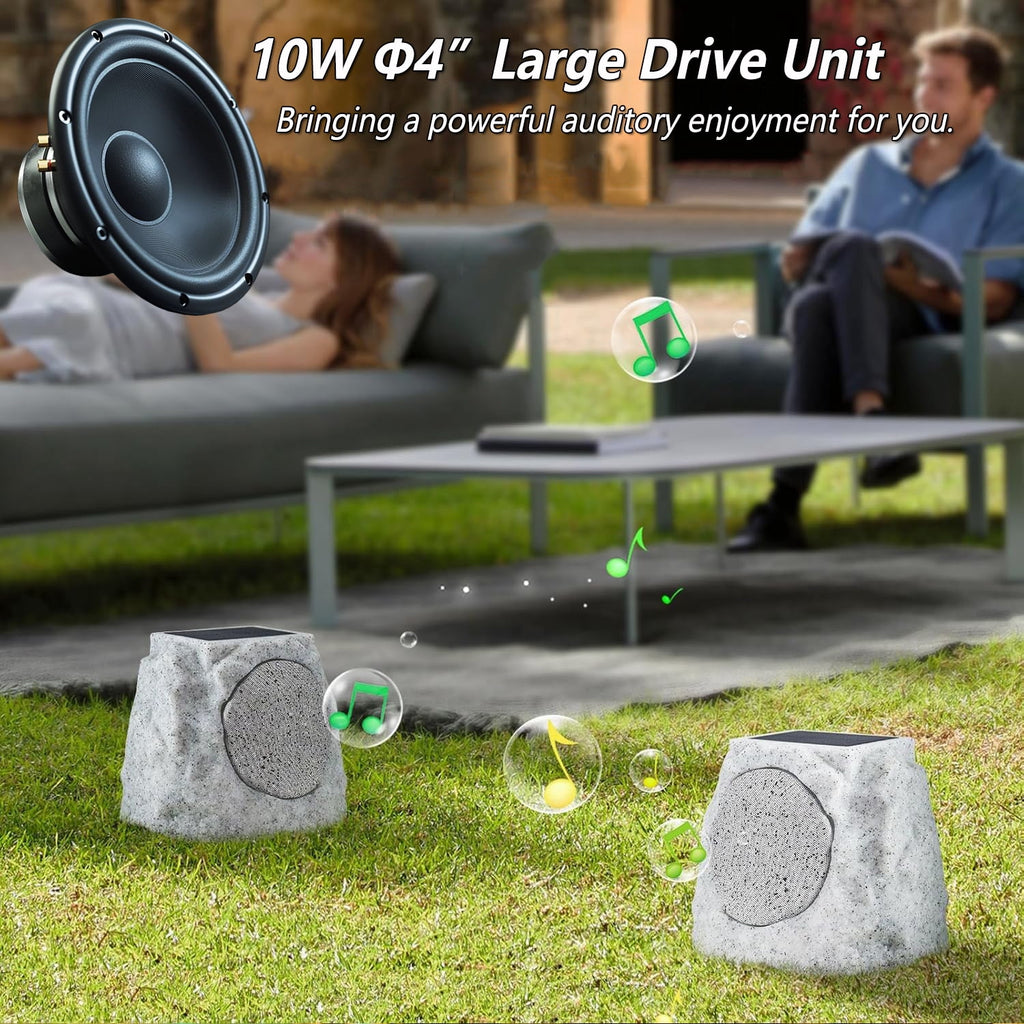 Postlucky 2-Pack Outdoor Solar Rock Speakers, Bluetooth, TWS Pairing, RGB LED Flashing, USB Charging, Waterproof, 8.1" Black