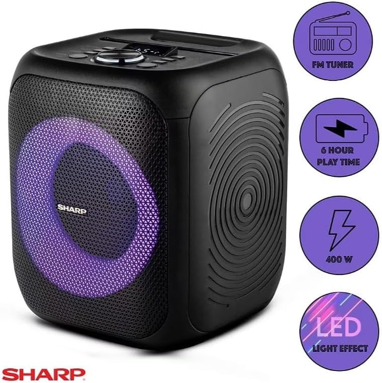 Sharp 8" Bluetooth Party Speaker 2-Pack – 400W Peak Power, LED Lights, 12-Hour Battery, TWS Stereo – PS-916