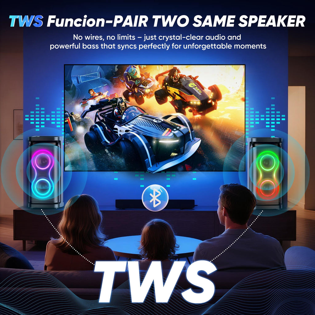 GCZ Party Bluetooth Speaker, 120W Loud Sound with Deep Bass for Outdoor Backyard Party, TWS Party Lights and Karaoke Effects, Microphone and Guitar Input