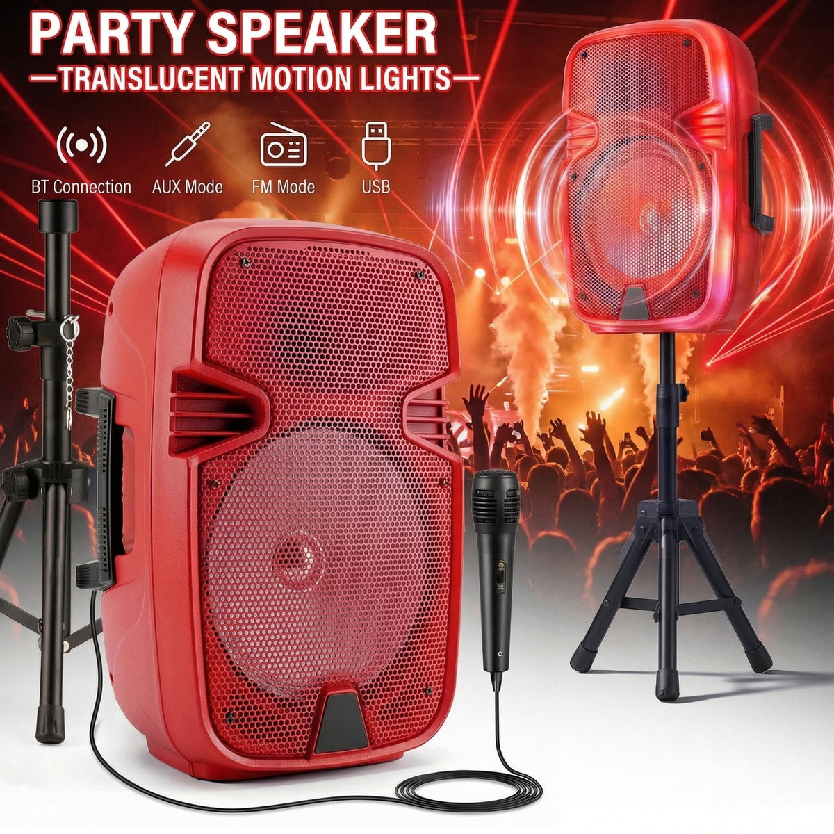 Portable BT Wireless Party Speaker with Translucent Light & Stand - Choose 8" (5 Colors) or 12", Includes Wired Mic, Remote, TWS, BT ConnectionUSB/TF/FM for Karaoke & Outdoor