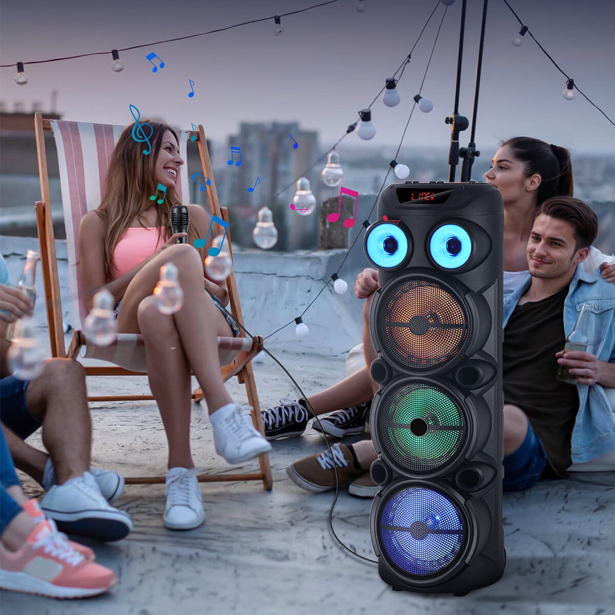CURUK Portable Wireless Bluetooth Speaker Triple 8" Woofer PA System FM AUX TWS, MIC, RC, LED Light