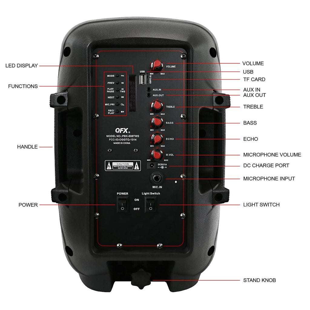 QFX PBX-808TWS Dual 8-Inch Portable Bluetooth PA Speaker System with Stands, Wired Mics, Remotes, USB/FM/TWS/LED