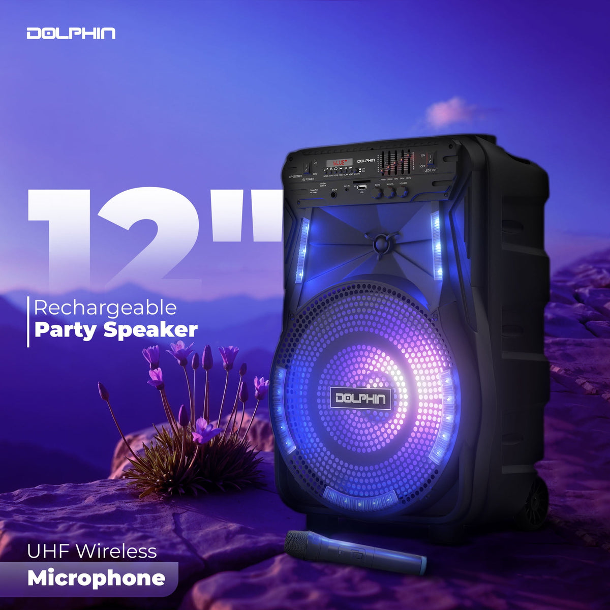 Dolphin SP-1217RBT 12-Inch Rechargeable Bluetooth Party Speaker – High Power Sound, TWS Compatibility, LED Lights, 5-Band Equalizer, Portable Design with Trolley and Wheels