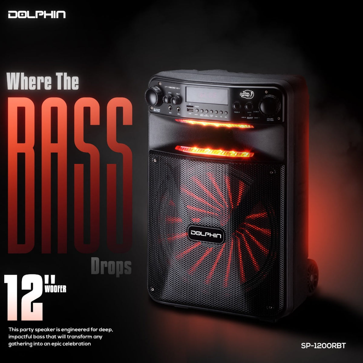 Dolphin SP-1200RBT Portable Party Bluetooh Speaker w/Remote Control and Sound Activated LED Light Show, 12", Long Lasting Battery