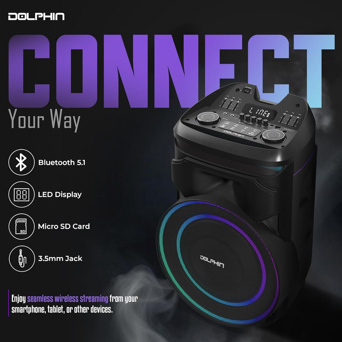 Dolphin SP-1800RBT 18" Portable Bluetooth Party Speaker – 100W RMS, Powerful 18" Woofer, LED Lights, WaveSync™, X-Bass, Rechargeable Battery, Bluetooth 5.1, 21" Tall – Perfect for Parties