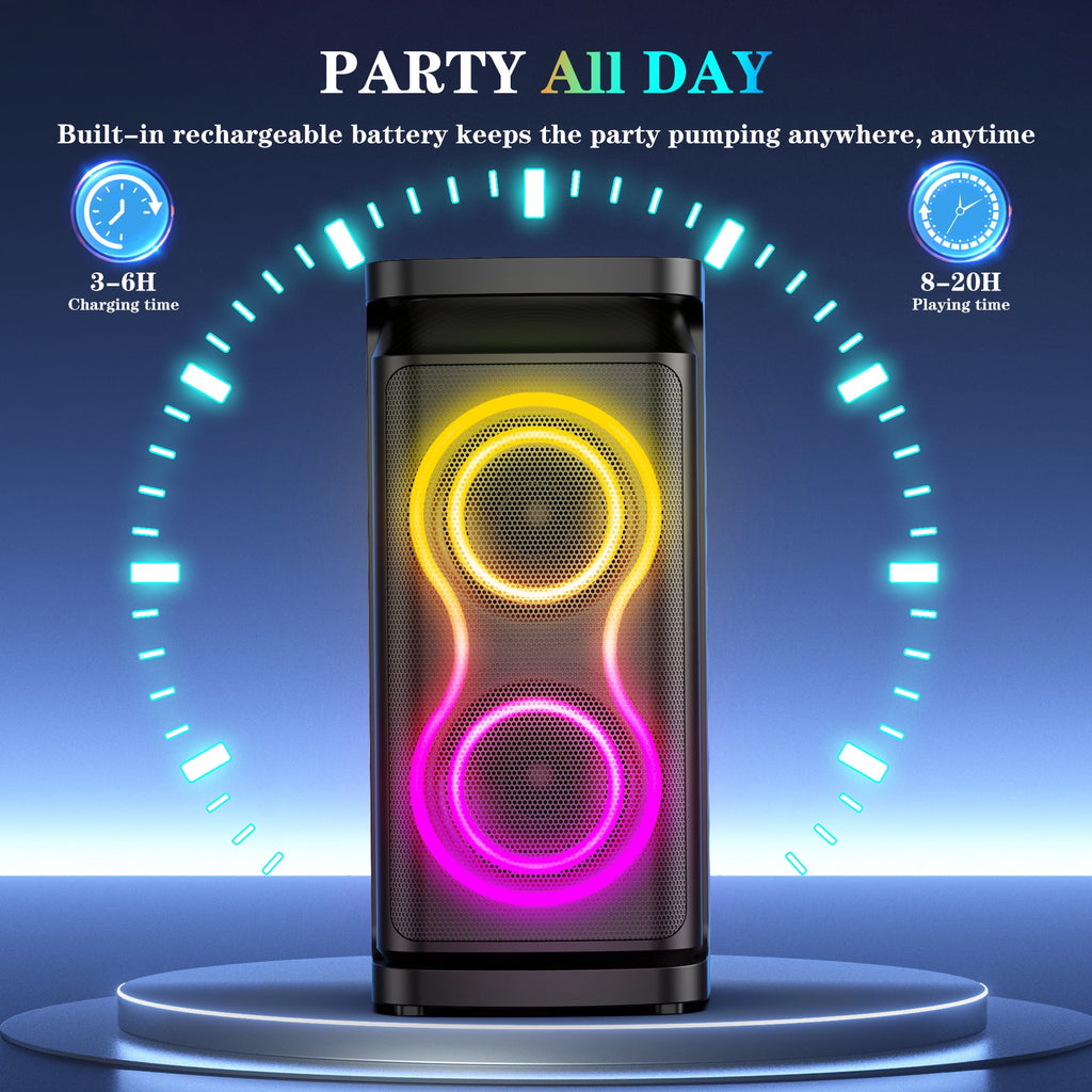 GCZ Party Bluetooth Speaker, 120W Loud Sound with Deep Bass for Outdoor Backyard Party, TWS Party Lights and Karaoke Effects, Microphone and Guitar Input