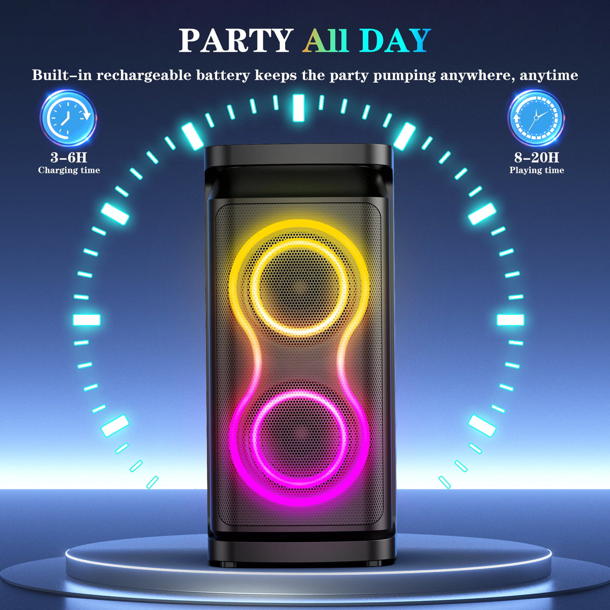 GCZ Party Bluetooth Speaker, 120W Loud Sound with Deep Bass for Outdoor Backyard Party, TWS Party Lights and Karaoke Effects, Microphone and Guitar Input
